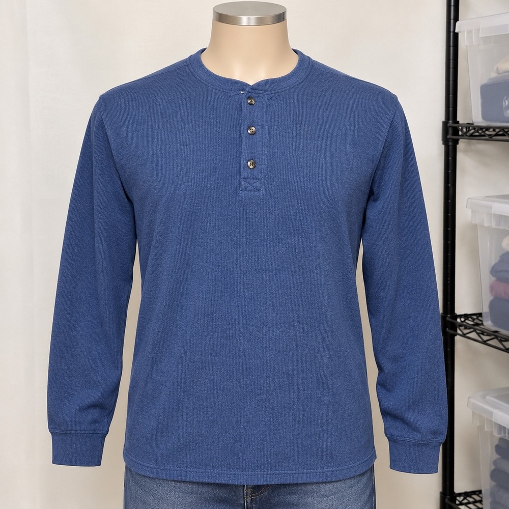 Member's Mark Thermal Henley Mens L Blue Gorpcore Cotton Blend Waffle Boho Warm